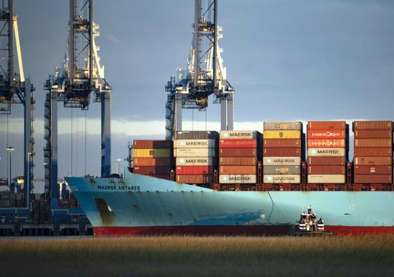 A container ship docks at the Wando Welch Terminal in Mount Pleasant, South Carolina