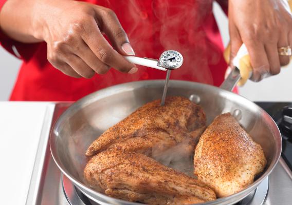 A person measuring the temperature of the meat in a pan