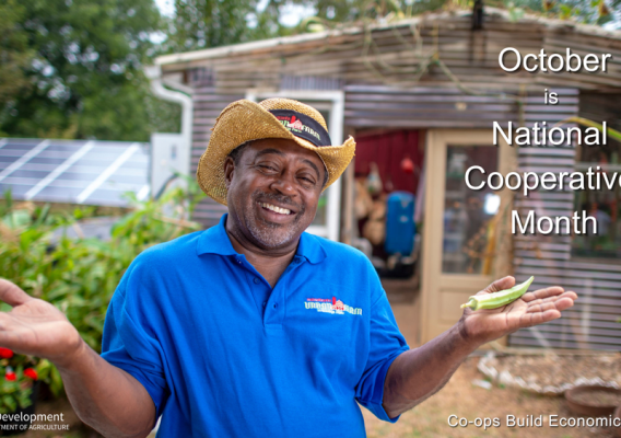 A man smiling with a house behind him and the October is National Cooperative Month text overlay